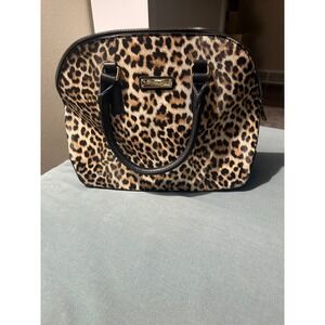 London Fog Leopard Print Satchel Purse Black Trim Zippered Handbag